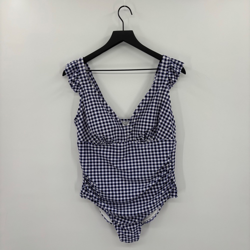 Kona Sol One Piece Swimsuit Womens 16W Navy Blue Gingham Ruffle V-Neck Vacation